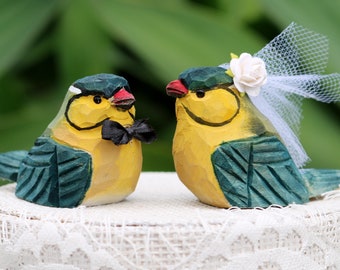 Charming Lovebird Wedding Cake Topper in teal and Yellow: Hand-carved, hand-paintee Cake Topper