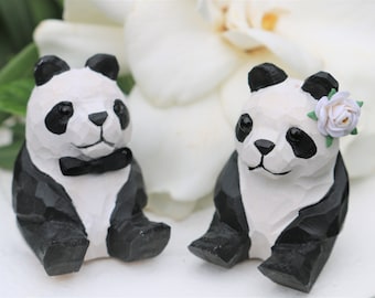 Panda Bear Wedding Cake Topper for Chinese Wedding: Handcarved Wooden Bear Bride and Groom Cake Topper