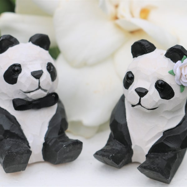 Panda Bear Wedding Cake Topper for Chinese Wedding: Handcarved Wooden Bear Bride and Groom Cake Topper