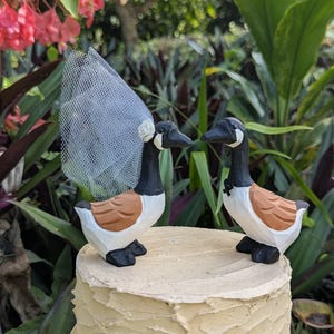 May include: A pair of wooden goose figurines, one with a white veil and flower, the other with a black bow tie, sit atop a cake. The geese have black heads, white bodies, and brown wings. The cake has a light brown frosting.