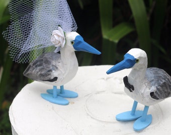 New! Blue Footed Booby Wedding Cake Topper:  Handcarved Wooden Bride and Groom Love Bird Cake Topper - Customized, Monogramed