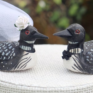 Minnesota Loon Wedding Cake Topper:  Handcarved Wooden Bride and Groom Love Bird Cake Topper