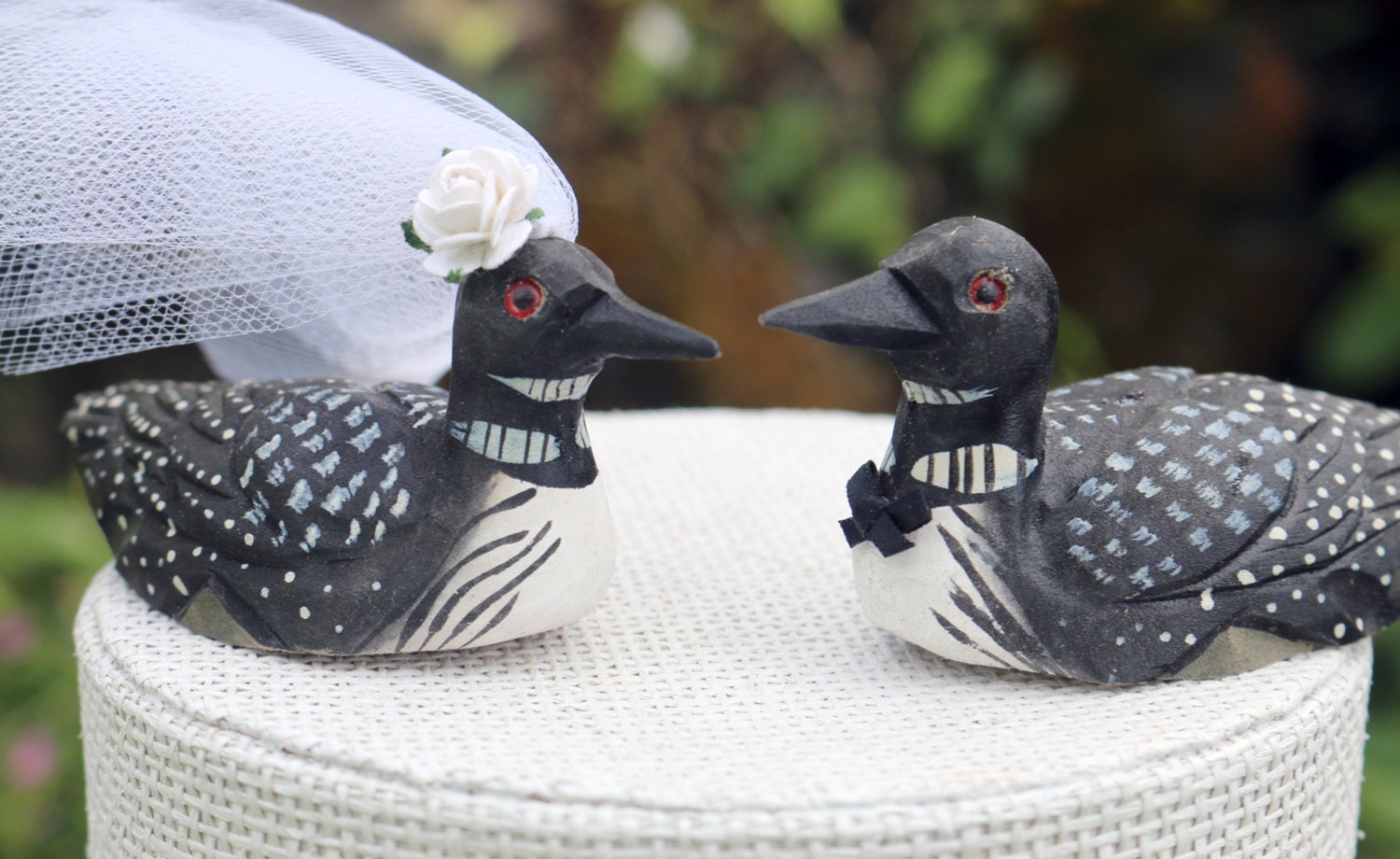 Minnesota Loon Wedding Cake Topper: Handcarved Wooden Bride and