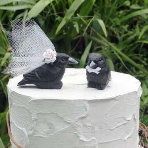 Black Crow Wedding Cake Topper: Handcarved Wooden Bride and Groom Love Bird Cake Topper image 4
