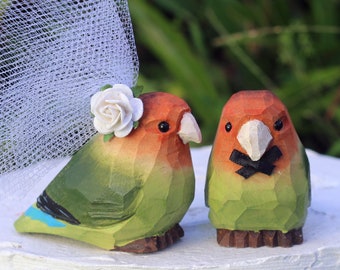 NEW! Tropical Lovebirds Wedding Cake Topper - Handcarved, wooden Parrot Bride & Groom -- Newlywed / Anniversary Gift