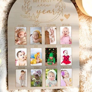 Marco de fotos mensual personalizado para bebé, exhibición de fotos del primer año, regalo personalizado para recién nacido, recuerdo para niña, decoración de habitación de niño