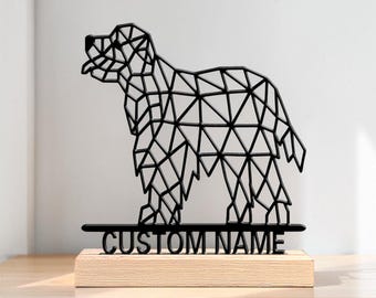 Targhetta in metallo personalizzata con nome geometrico per cane e base in legno. Statuetta personalizzata per cane, regalo per amanti degli animali, decorazione per ufficio, scrivania, stile rustico moderno, ricordo.