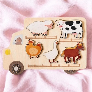 Rompecabezas con temática de vehículos y animales de granja, rompecabezas de madera Montessori para niños pequeños, regalo de dibujos animados para bebés, juguete educativo para aprender habilidades motoras.
