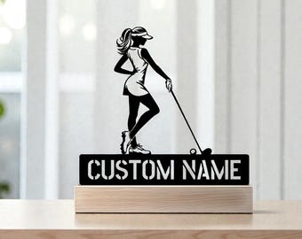 Decorazione murale in metallo personalizzata raffigurante una giocatrice di golf, cartello con nome personalizzato, decorazione per la stanza dedicata allo sport, regalo per gli amanti del golf, accessorio unico per la camera da letto