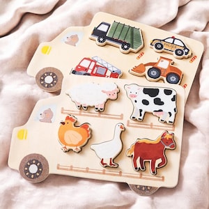 Rompecabezas Montessori de madera para bebés, rompecabezas de animales y vehículos de dibujos animados, regalo de aprendizaje temprano para niños, juguete de motricidad fina para niños pequeños.