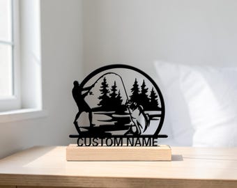 Targa personalizzata con nome per la pesca, insegna in metallo per pescatore con base in legno, decorazione personalizzata con scena di pesca sul lago, regalo per la festa del papà