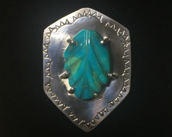 Carved Turquoise Leaf Cabachon Sterling Silver Pendant RKS601