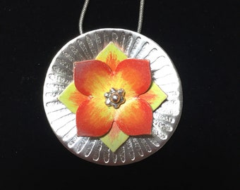 Red/Yellow Flower Pendant Colored Pencil on Copper with Sterling Silver Backing RKS604
