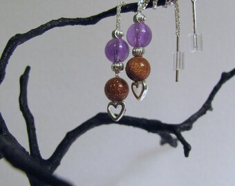 Sterling Silver Threader Earrings with Amethyst and Goldstone Beads RKS025