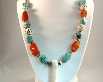 Turquoise, Carnelian, Bone, Coral and Sterling Silver Necklace RKS421