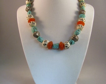 Turquoise, Carnelian, Bone and Sterling Silver Necklace RKS420