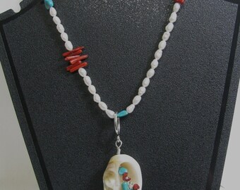 Freshwater Pearl, Turquoise, Coral and Silver Necklace RKS87