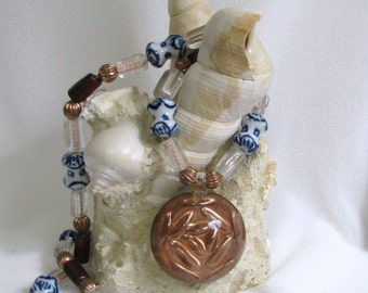 Copper Necklace with Glass and Ceramic Beads RKM169