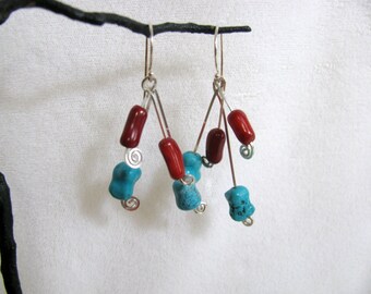 Sterling silver dangle earrings with coral and turquoise beads RKS352