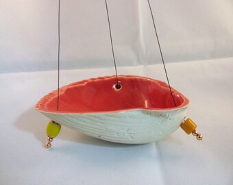 Red Glazed Porcelain Shell Hanging Bird Feeder or Planter RKC158