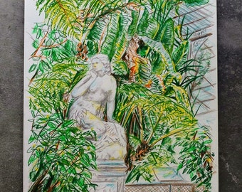 Eve in Kibble Palace (Botanic Gardens), Glasgow (Original coloured pencil drawing)