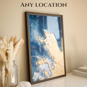 Carte en bois personnalisée TimberTale™ ANY LOCATION, carte gravée au laser en bois de rivière ou de littoral, décoration d'intérieur, art 3D personnalisé, cadeau
