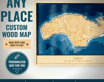May include: A rectangular wooden wall map of Samos featuring a 3D layered design with light wood landmasses and deep blue resin water. The frame includes the text Samos and coordinates 37 45 17 N 26 58 40 E. The image also displays text Any Place Custom Wood Map.