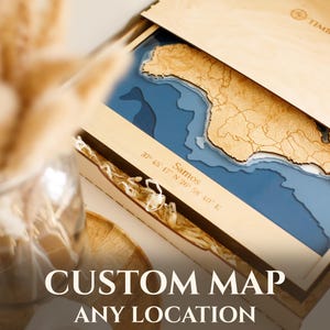 TimberTale™ ELKE LOCATIE Aangepaste houten kaart, hout met rivier- of kustlijn lasergegraveerde kaart, woondecoratie, aangepaste 3D-kunst, cadeau