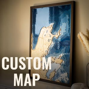 Custom Topographic Wood Map, 3D Layered Bathymetric Depth Relief Wall Art