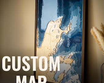 Custom Topographic Wood Map, 3D Layered Bathymetric Depth Relief Wall Art