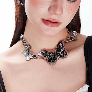 Butterfly Necklace Handmade, Y2K Trendy Grunge Goth Silver Stain Steel Punk Choker, Beaded Chain Choker, Unique Gift