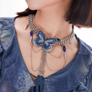 Punk Choker Necklace, Butterfly Necklace Handmade, Y2K Trendy Grunge Goth Silver Pearl Punk Choker, Beaded Chain Choker, Unique Gift