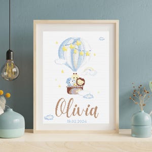 Può includere: Un disegno a punto croce incorniciato con una mongolfiera blu con al suo interno una giraffa, un leone e un elefante. Il pallone è circondato da stelle gialle e nuvole. Il nome "Olivia" e la data "19.02.2024" sono scritti sotto il pallone.