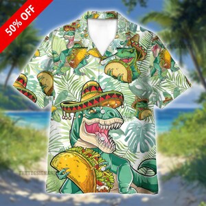 Taco T-Rex Hawaiian Shirt, Funny Dinosaur Beach Shirt, Vacation Summer Wear, Tropical Party Shirt, Gift for Men & Women, Dinosaur Lovers