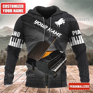 Gepersonaliseerde pianohoodie, all-over bedrukt unisex sweater, muziekliefhebber cadeau voor muzikanten en pianoliefhebbers