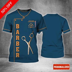 Barber Shop T-Shirt Custom Name Printed Shirt, Personalized Barber Apparel, Workwear for Barbers, Gift for Barbers