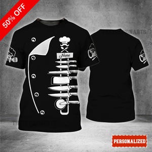 Chef T Shirts 3D Custom Name Black Shirt, Personalized Cooking Apparel for Professional Chefs, Unique Gift for Culinary Enthusiasts