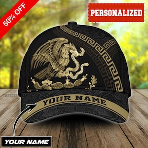 ¡NUEVO! Gorra clásica azteca dorada personalizada de México, gorra de béisbol mexicana con nombre personalizado, gorra de águila mexicana, regalo para el Día del Padre, para los amantes de México.