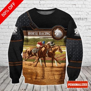 Horse Racing Metal Leather Hoodie, Full Printed Zip Sweatshirt for Men, Christmas Horse Racing Gift, Christmas Gift for Men & Women