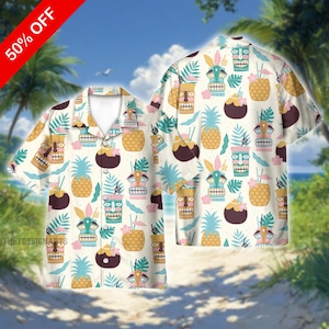 Aloha Tiki Pineapple Vintage Hawaiian Shirt, Vintage Aloha Tiki Pineapple Print Shirt, Tropical Retro Beach Party, Summer Vacation Gift