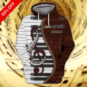 Love Music Piano Brown 3D Hoodie, Cozy Sweatshirt for Piano Enthusiasts, Music Sweatshirt for Men & Women, Gift for Musicians