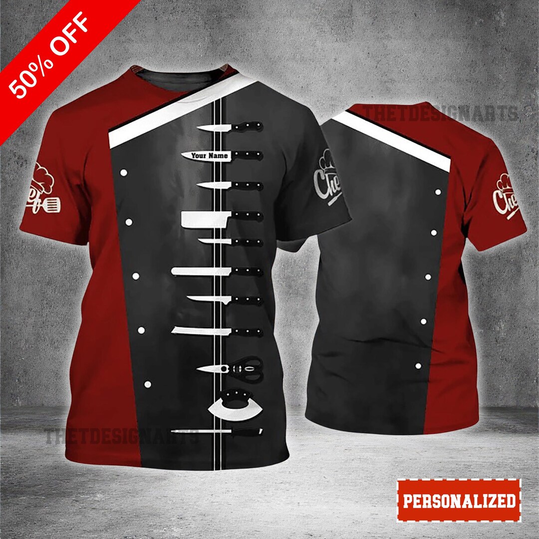 Chef Tshirt Black & Red, Custom Cook Shirt With Knives Design ...