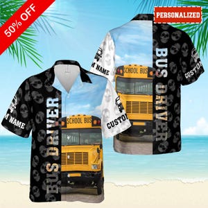 Personalisiertes Busfahrer-Hawaiihemd für Männer Frauen, benutzerdefinierte Busfahrer-Aloha-Shirt, Bus-Knopf-Shirt, Geschenk für Busfahrer, Wertschätzungsgeschenk