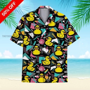 Retro Duck Hawaiian Shirt for Men Women Youth, Funny Duck Summer Aloha Shirt, Yellow Duck Button Shirt, Duck Lover Shirt, Animal Gifts