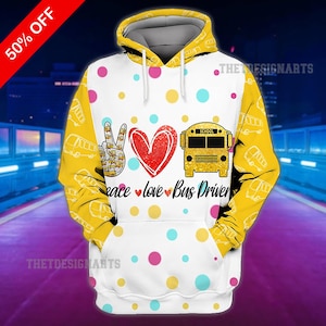 Peace Love Busfahrer Bedruckter Hoodie, Weihnachten Busfahrer Sweatshirt, Geschenk für Busfahrer, Feiertagsarbeitskleidung, Feiertagsuniform