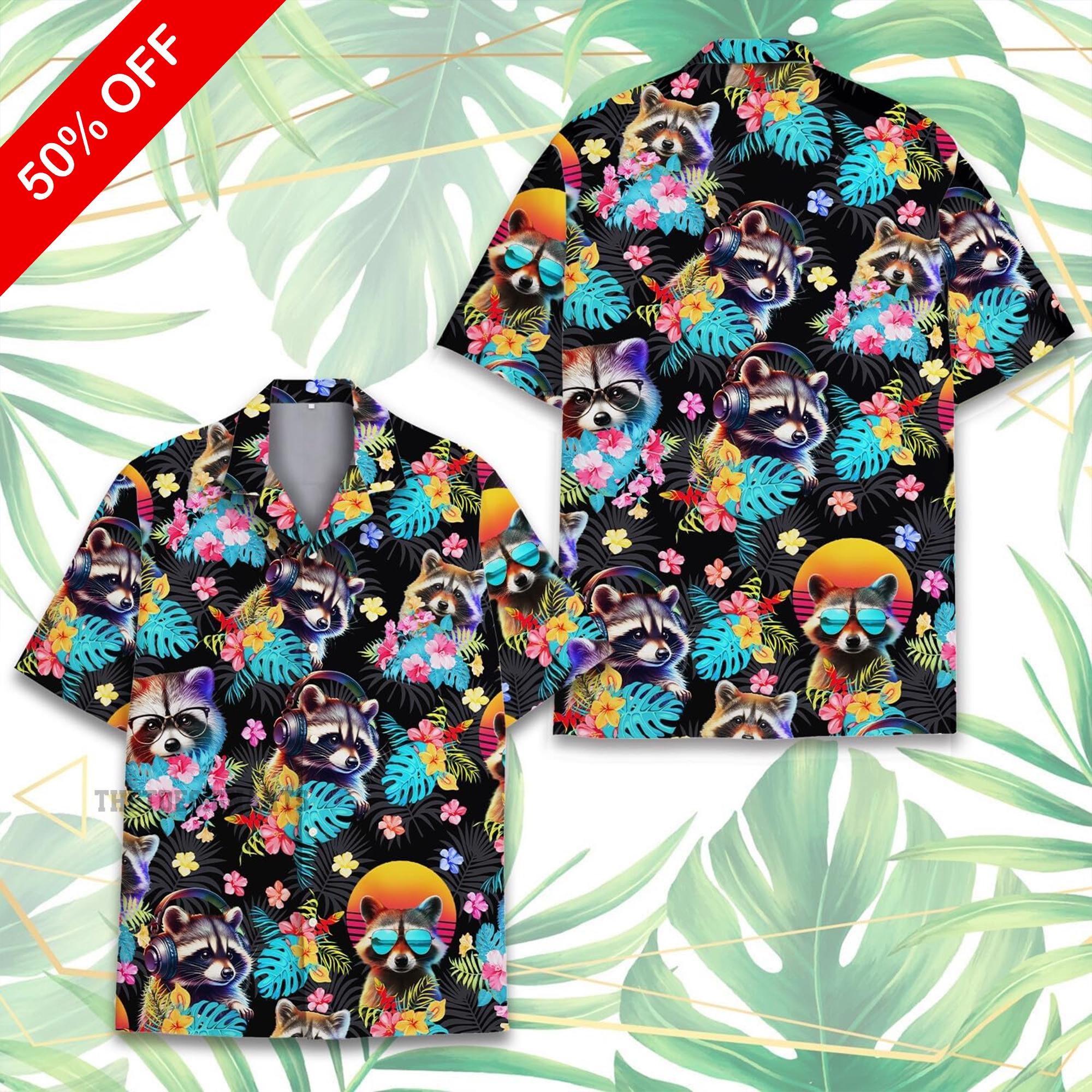 Colorfull Raccoon Hawaiian Shirt Men Women Youth, Tropical Raccoon Vacation Aloha Shirt, Tropical Raccoon Shirt, Family Matching Outfit