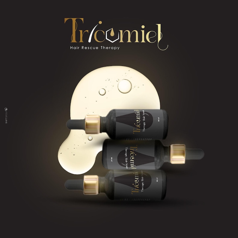 Może przedstawiać: Trzy czarne butelki serum Tricemiel Hair Rescue Therapy ze złotymi akcentami i zakraplaczami. Butelki ułożone są z jasnym płynem i bąbelkami w tle, z nazwą marki złotymi literami.