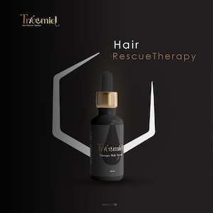 Może przedstawiać: Czarna butelka serum do włos&oacute;w ze złotą nakrętką z zakraplaczem. Butelka ma etykietę z nazwą marki "Tricemid" i słowami "Hair Rescue Therapy". Tło jest czarne z białym geometrycznym wzorem.