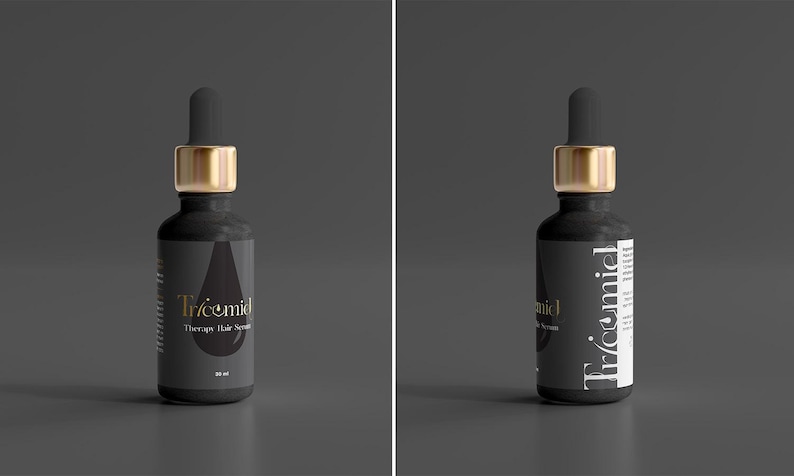 Może przedstawiać: Czarna butelka serum do włos&oacute;w Tricemid Therapy ze złotą nakrętką i zakraplaczem. Butelka ma czarną etykietę ze złotym i białym tekstem. Etykieta ma kształt kropli. Na szarym tle.