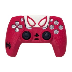 May include: A red PlayStation 5 DualSense controller with a white Spider-Man faceplate. The controller has a textured surface and a black spider logo on the left side.